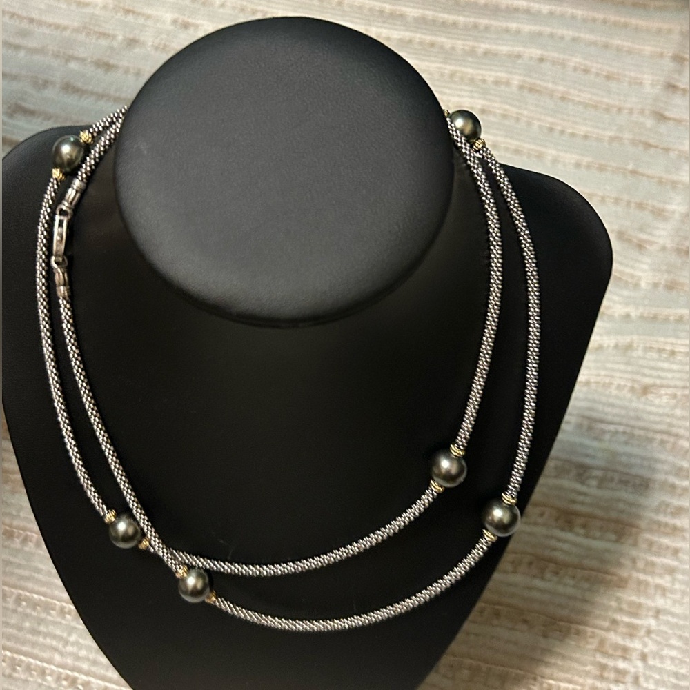Lagos sterling silver 18 karat 18k yellow gold    Black pearls station necklace